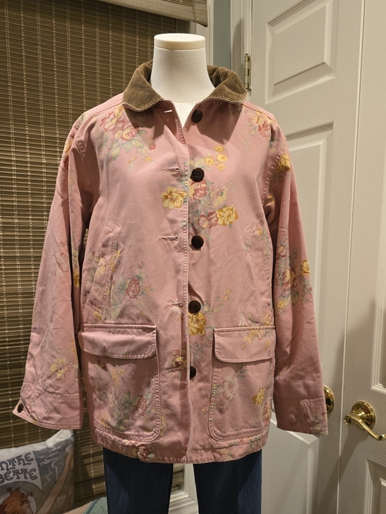 L.L. Bean Jackets & Blazers - L.L. Bean Pink Floral Utility Jacket with Brown Corduroy Collar